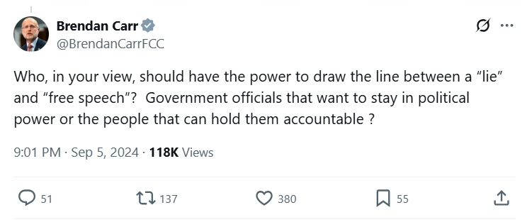 Who, in your view, should have the power to draw the line between a “lie” and “free speech”? Government officials that want to stay in political power or the people that can hold them accountable ?