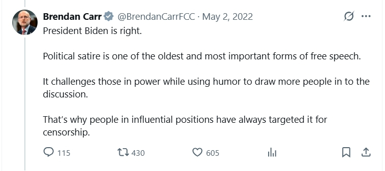 President Biden is right. Political satire is one of the oldest and most important forms of free speech. It challenges those in power while using humor to draw more people in to the discussion. That’s why people in influential positions have always targeted it for censorship.