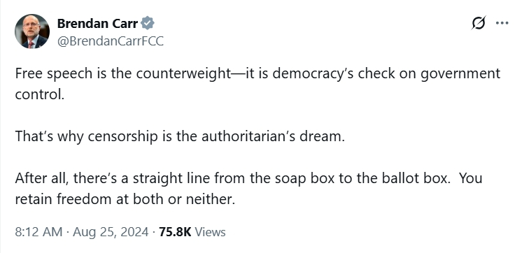 Free speech is the counterweight—it is democracy’s check on government control. That’s why censorship is the authoritarian’s dream. After all, there’s a straight line from the soap box to the ballot box. You retain freedom at both or neither.