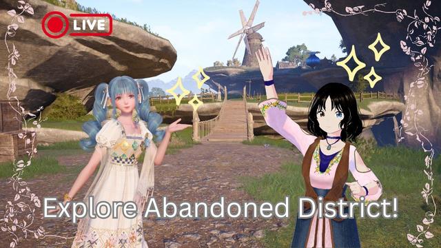 My Infinity Nikki livestream thumbnail featuring me and Nikki at the bridge entrance to the Abandoned District.