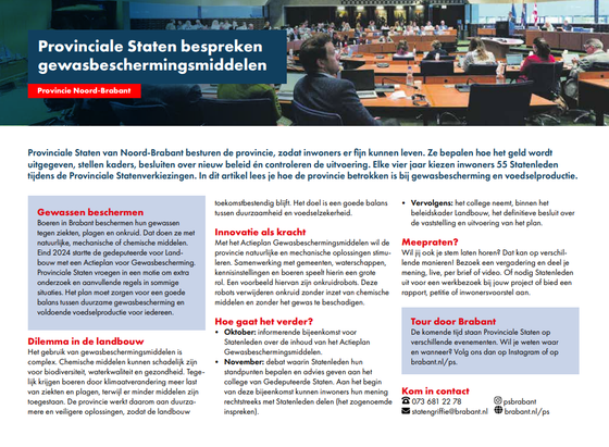 Deze afbeelding bevat een screenshot van het artikel over gewasbeschermingsmiddelen in Brabant zoals het in de huis-aan-huisbladen is gepubliceerd.