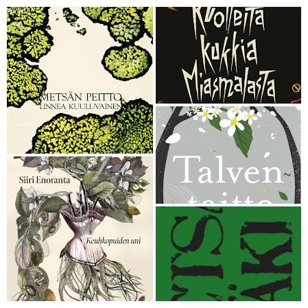 Kollaasi Kuvastaja-palkinnon finalistiromaanien kansista. Kuvassa seuraavien kirjojen kansia:
Siiri Enoranta: Keuhkopuiden uni (Gummerus)
Joanna Heinonen: Metsän väki (Robustos)
Vehka Kurjenmiekka: Talven taitto (Aula & Co)
Linnea Kuuluvainen: Metsän peitto (Gummerus)
Toni P. J. Saarinen: Kuolleita kukkia Miasmalasta (Osuuskumma)