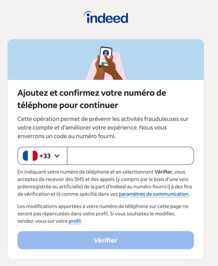 capture d'écran du formulaire de soumission du numéro de téléphone dans la création d'un compte Indeed.