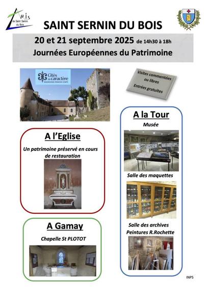 Affiche avec des photos miniatures de la place du village, son prieuré, l'eglise prieurale et la tour carrée, 3 photos à droite du musée, des armoires de maquettes et de peintures archivées, une photo de la chapelle de l'église et une photo de l'intérieur de la chapelle St Plotot