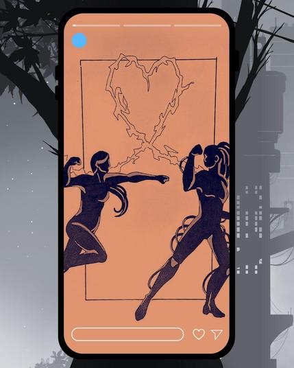 Dibujo digital de dos figuras femeninas en posición de combate, una frente a la otra. Ambas están representadas como siluetas de color oscuro, y parecen estar luchando o en una especie de enfrentamiento. Entre ellas, en la parte superior central, hay un dibujo de un corazón roto hecho de rayos o electricidad, lo que sugiere tensión o conflicto emocional. El fondo de la imagen es de un tono naranja degradado.