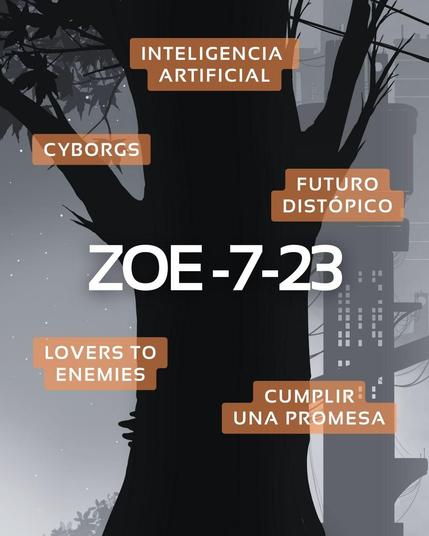 En el centro aparece el título grande "EL RUIDO DEL SILENCIO". Alrededor, en recuadros morados, hay frases: 

- "INTELIGENCIA ARTIFICIAL"
- "CYBORGS"
- "FUTURO DISTÓPICO"
- "LOVER TO ENEMIES"
- "CUMPLIR UNA PROMESA)"

De fondo hay una ilustración en tonos oscuros y grises de un árbol y edificios.
