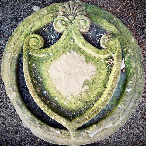 A circular, stone emblem of a shield rises up from the dirt surrounding it, while light moss grows around its edges.