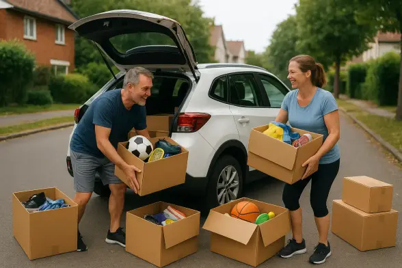 Twee mensen die dozen vol vuil in de achterbak van een Toyota Yaris Cross zetten op straat.