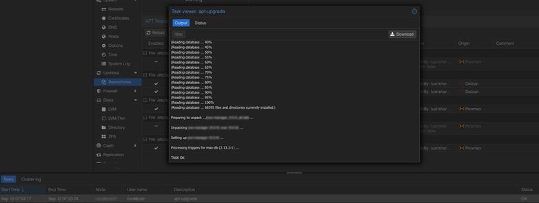 A Proxmox Node running apt-get -y dist-upgrade command via API in a non interactive and unattended way by a patched and extended API from gyptazy
