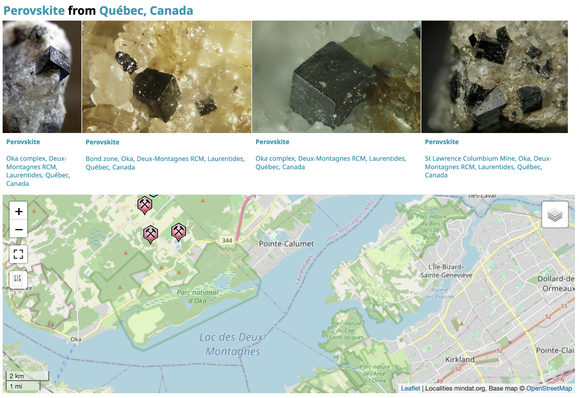 The page for perovskite from MinDat, showing the location of the carbonatites in Oka, Quebec
