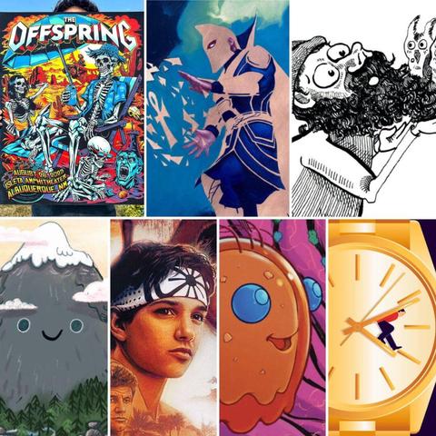 A collage of eight images, including a concert poster with skeletons, a fantasy figure, a cartoon bearded man, a smiling mountain, a movie poster, cartoon oranges, and a stylized clock.