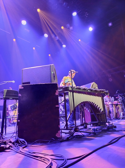 Blauw licht op het concertpodium. Mulatu Astatke achter zijn electrische xylofoon, ingebouwd tussen twee monitoren op oorhoogte. Hij kijkt geconcentreerd terwijl hij speelt.