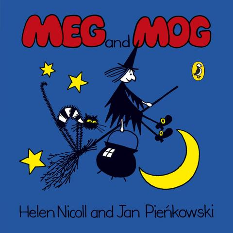 Front cover for the children's book 'Meg & Mog' by Helen Nicoll and illustrated by Jan Pieńkowski (1972). The cover shows a cartoon witch Meg flying on her broomstick with a cauldron in the night sky with a crescent Moon and stars. With her on the broom is her black and white striped cat Mog.