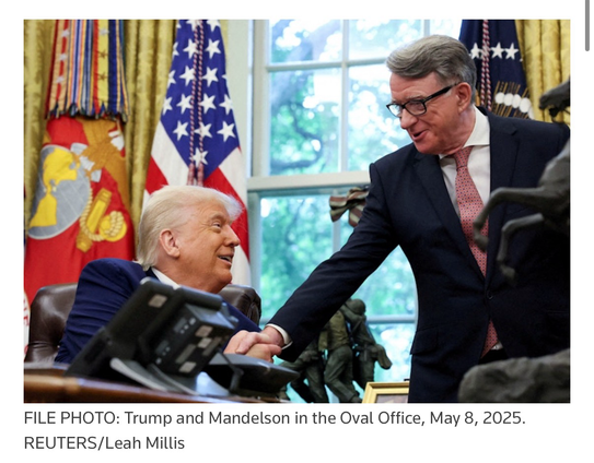 Trump shaking hands with Peter Mandelson in the Oval Office