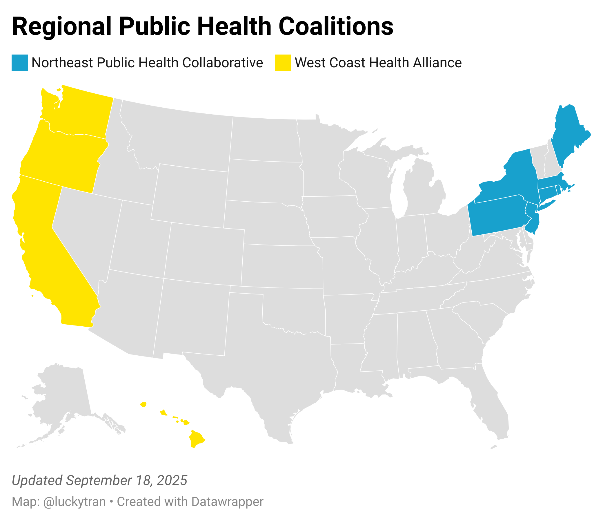 Map of Regional Public Health Coalitions Northeast Public Health Collaborative (Blue) West Coast Health Alliance (Yellow)