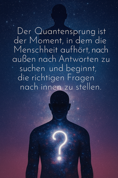 Zitat: "Der Quantensprung ist der Moment, in dem die Menschheit aufhört, nach außen nach Antworten zu suchen und beginnt, die richtigen Fragen nach innen zu stellen."