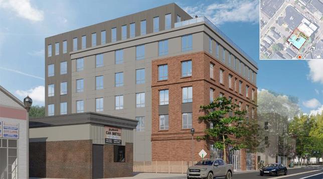 Rendering of proposed six-story apartment building with exterior partly brick, partly gray cladding