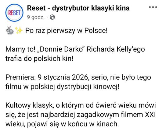 Post z FB dystrybutora filmów Reset informujący o premierze "Donnie Darko" w polskich kinach 9 stycznia 2026.