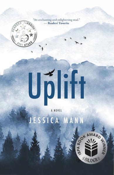 Uplift novel cover. Trees and mountains in fog.