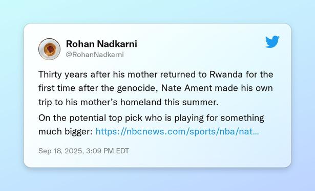 Thirty years after his mother returned to Rwanda for the first time after the genocide, Nate Ament made his own trip to his mother’s homeland this summer.
On the potential top pick who is playing for something much bigger: https://t.co/jYbMQfuiC2