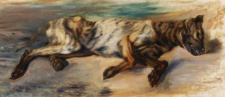 A dead dog lying on the ground. Painting by Ferdinand Victor Eugène Delacroix.