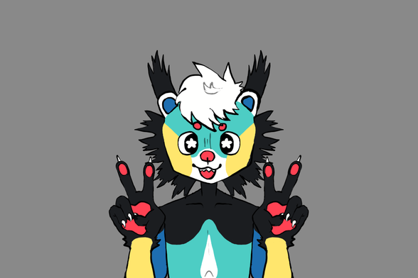 A digital drawing, made of a line art and flat colors, of my character, a colorful anthro binturong. He's turned towards us and we can only see his torso and head.
He has a happy face (eyes wide open with stars in them and a wide open mouth showing his pointy teeth) and is also showing peace signs with his hands as a friendly move.