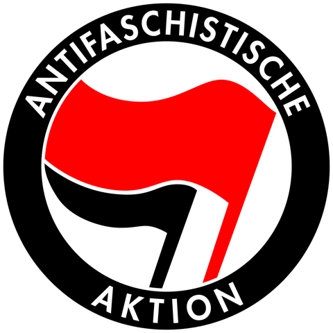 A red flag, with a black flag behind it, on a white background, within a black circle that has ANTIFASCHISTE AKTION in white letters.
The antifascist spelling varies by area, but the flags remain the same.