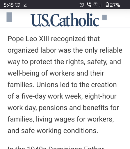 * USCatholic *

Pope Leo XIII recognized that
organized labor was the only reliable
way to protect the rights, safety, and
well-being of workers and their
families. Unions led to the creation
of a five-day work week, eight-hour
work day, pensions and benefits for
families, living wages for workers,
and safe working conditions.

Cl AMAA ee

Watch these birds green the curd and lime. Long line here and quotes. Eyes are different colours. Draw thick.