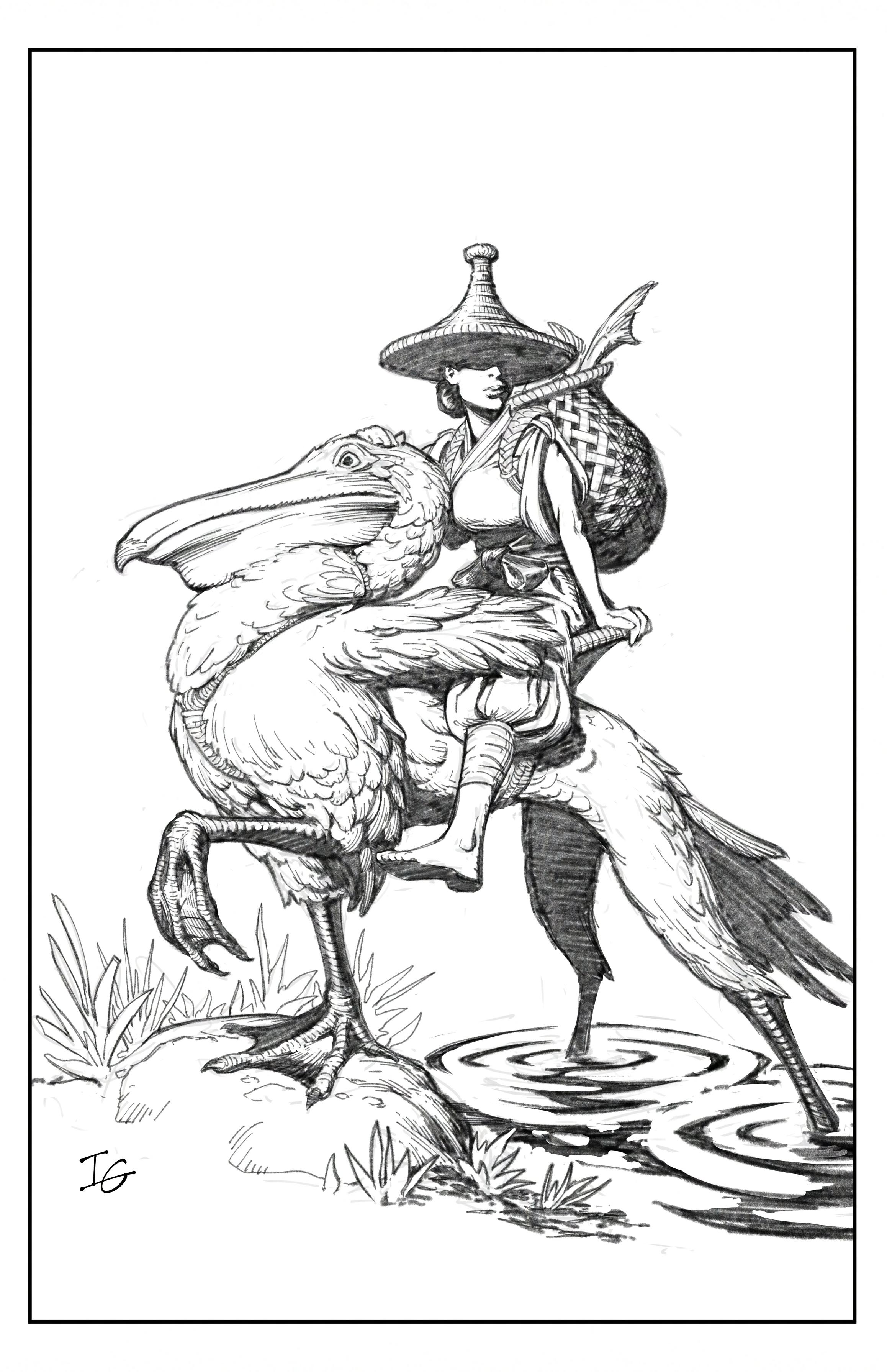 A sketch of a woman with a basket full of fish riding on the back of a pelican hippogriff on the bank of a body of water.