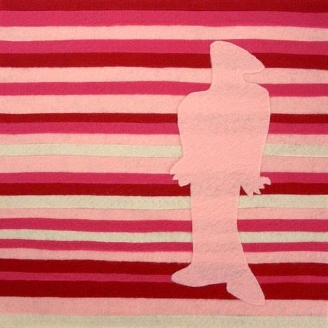 Love. A light pink abstracted humanoid shadow figure stands against a background comprised of red, deep red, pink, light pink, and cream horizontal stripes.