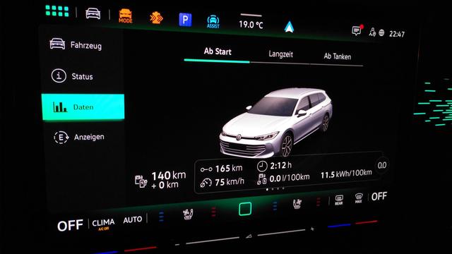 Foto vom Infotainment System mit den Verbrauchsdaten ab Start.

140km Restreichweite mit Benzin 
Gesamte Strecke: 165km
Durchschnittliche Geschwindigkeit: 75km/h
Fahrzeit: 2:12h
Benzinverbrauch: 0,0Liter/100km
Stromverbrauch: 11,5kWh/100km