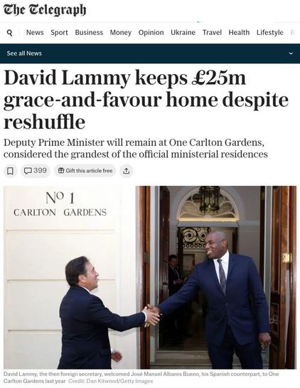 Telegraph headline: "David Lammy keeps £25m grace-and-favour home despite reshuffle"