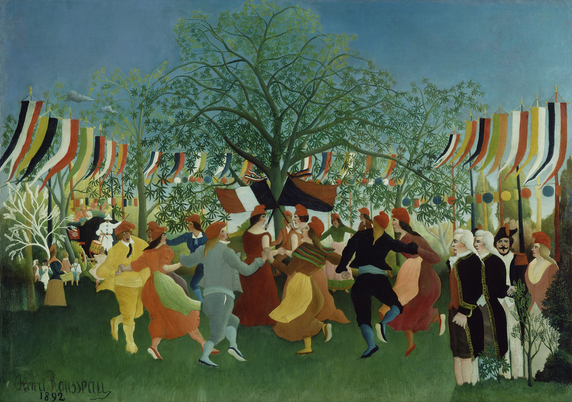A Naive/Primitivist painting of a celebration of the first 100 years of the first French Republic. In the center, before a tree, two women (seemingly twins) in Phrygian caps (a popular French Republican symbol) hold the flags of the First and Third Republics. Around them, peasants dance the farandole. From the tree in the center run strings of pennants and paper lanterns. To the left, in the background, are people in contemporary dress, while to the right, in the foreground, are a number of people in 18th century dress, either costumed for the occasion or allegorical figures representing the past.