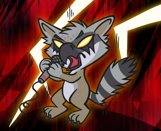 Thenca, a mockingbird raccoon cat wingtorn gryphon, in the Aggretusko rage style holding a microphone with angry red and black lightning in the background like it's a music video about to go raaaaaawr.