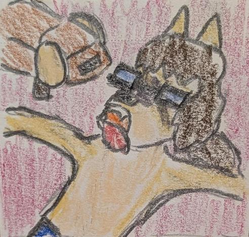 Color pencil drawing of Eli Norainu, an anthro dog man, my main OC, laying on the ground with his tongue out and panting. Mr. Scruffles, a bantha plushie from Star Wars, stares at the humanoid, wondering where dinner is.
