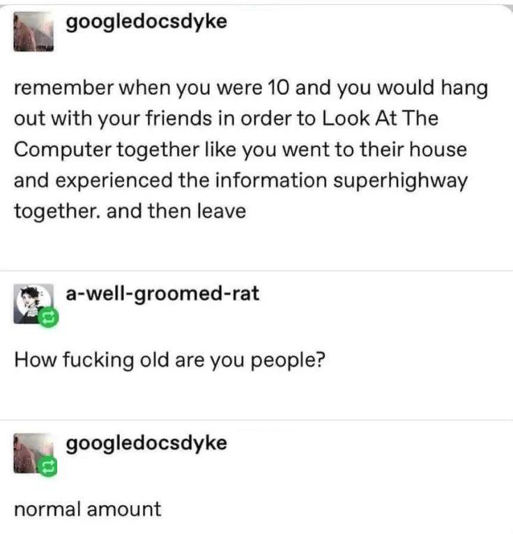 A Tumblr conversation. googledocsdyke: remember when you were 10 and you would hand out with your friends in other to Look At The Computer together like you you went to their house and experienced the information superhighway together. and then leave a-well-groomed-rat: How fucking old are you people? googledocsdyke: normal amount