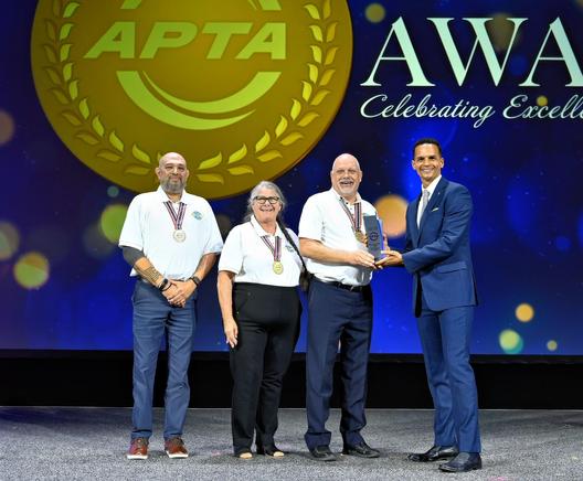 CEO Carl Sedoryk, Board Chair Mary Ann Carbone, and ATU 1225 Local President Steve Ramirez, accepting the APTA Outstanding Public Transportation System award.

September 16, 2025