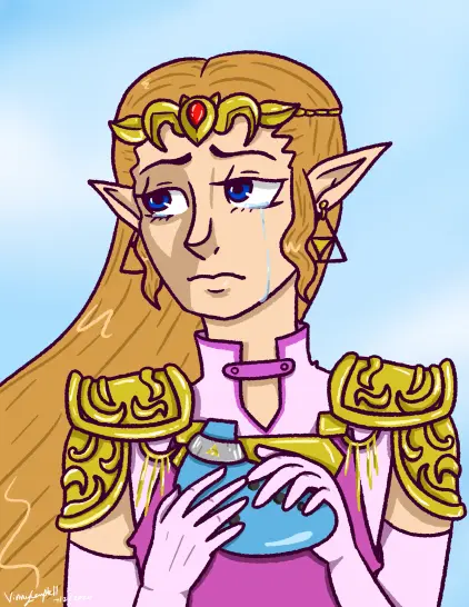 Princess Zelda holding an ocarina, crying.