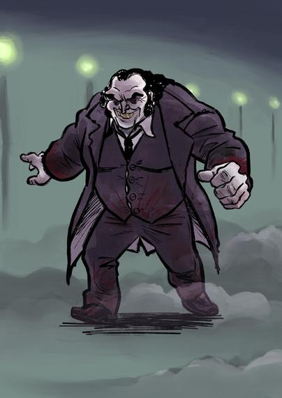 An illustration of a menacing Mr Hyde with a wide grin, dressed in a dark threadbared suit, stained with blood and mud. The character has slicked back hair, exaggerated facial features, and appears to be in a dynamic pose. The background is muted with hints of green lights