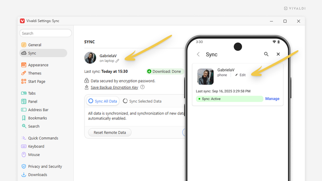 デスクトップ版 Vivaldi と Android 版 Vivaldi（前面）で同期設定が開いていて、矢印がデバイス名の「編集」ボタンを指している