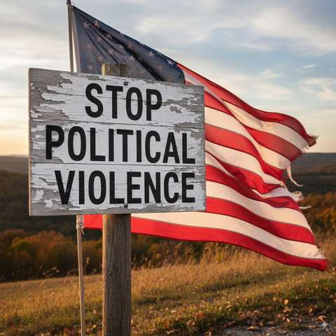 Sign reads Stop Political Violence, with American Flag