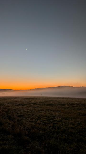 A sunrise over a foggy field. The sky shifts from dark blue to orange. A sickle-shaped waning crescent moon is visible with Venus shining just below.