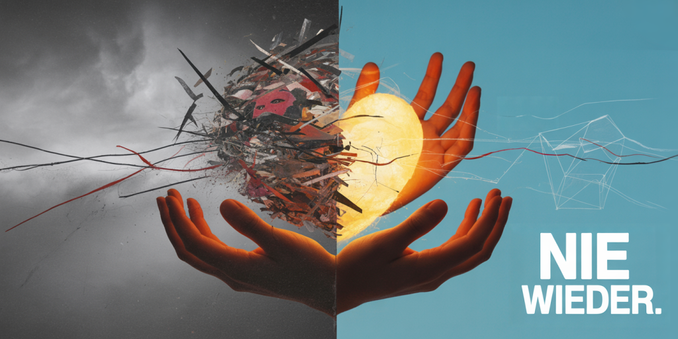 To the right, aligned and in a bold, positive font, appears the text "Nie Wieder. " Two hands are gently cradling a glowing, golden orb, seemingly protecting it from a chaotic, shattered explosion of debris. Fragments of wood, metal, and other materials swirl around the orb, creating a dramatic contrast with its radiant light. The background transitions from a cloudy, grey sky to a clear, bright blue, with faint.