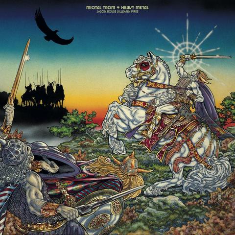 A heavy-metal styled album cover, with a warrior riding a grand horse, army following, across a valley from a standing army. A vividly colored sunset in the background, with an eagle soaring overhead in shadow