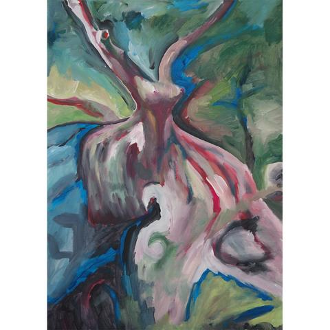 Gemälde eines abstrahierten Baumes mit weiblich Zügen in weiß-blau- und Grüntönen mit roten Akzenten