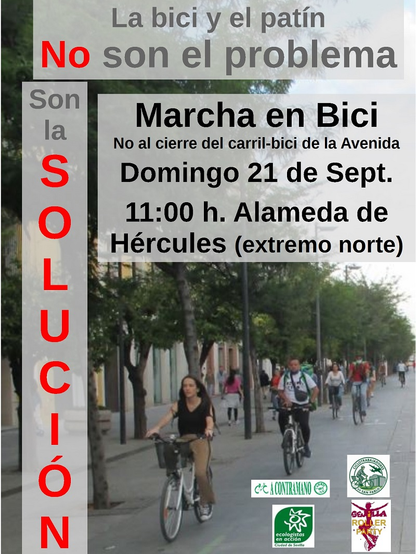Cartel promocional de la marcha en bici y patines el 21 de septiembre de 2025 contra el anunciado cierre del carril-bici de la Avenida de la Constitución en Sevilla.
La marcha partirá a las 11:00 de la Alameda de Hércules para continuar por Correduría, Feria, Ronda Histórica, Glorieta de los Marineros y Paseo de la Delicias hasta Puerta de Jerez, donde de leerá un manifiesto. Está convocada por los colectivos A Contramano: Asamblea Ciclista de Sevilla, Ciclotrabajadores de San Pablo, Ecologistas en Acción y Sevilla Roller Party.
