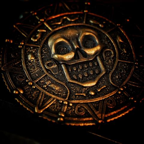 macro photograph of a "cursed Aztec coin" from Pirates of the Caribbean: The Curse of the Black Pearl