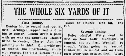 7 May 1921 headline from the Spartanburg Herald; newspaper headline reading “The Whole Six Yards of It”