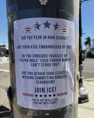 In red white and blue, with stars around it: "DID YOU PEAK IN HIGH SCHOOL? ARE YOUR KIDS EMBARRASSED BY YOU? DO YOU CONSIDER YOURSELF AN 'ALPHA MALE' EVEN THOUGH WOMEN CAN'T STAND YOU? ARE YOU AFRAID, YOUR LEGACY IS MISSING COMMITTING DOMESTIC TERRORISM? JOIN ICE! YOU'RE NOT REALLY PIGS. PIGS ARE INTELLIGENT."