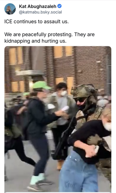 Social media post from Kat Abughazaleh regarding ICE agents (Friday, September 19th, 2025).
